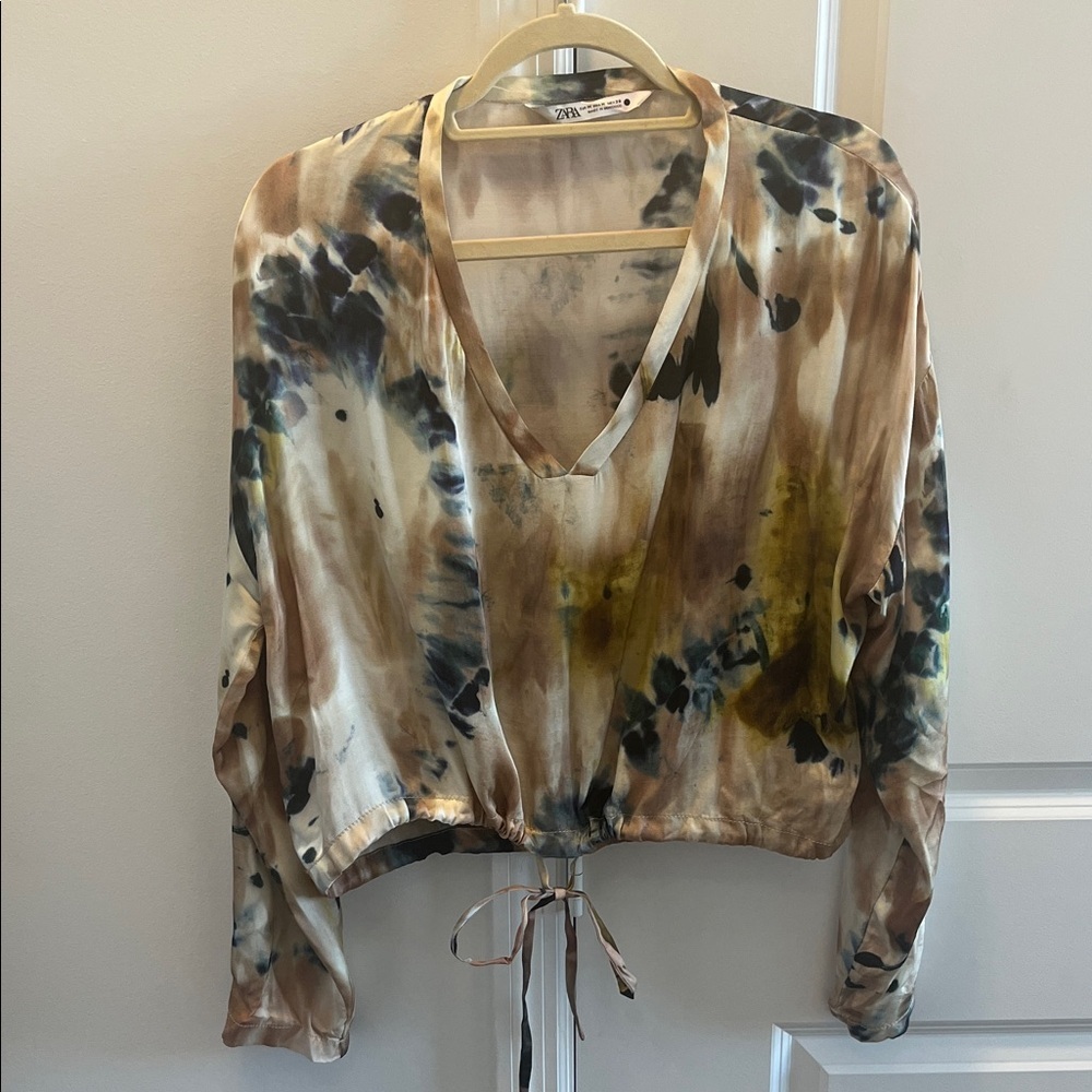 Zara Multicolor Tie-Dye Satine V-Neck Blouse